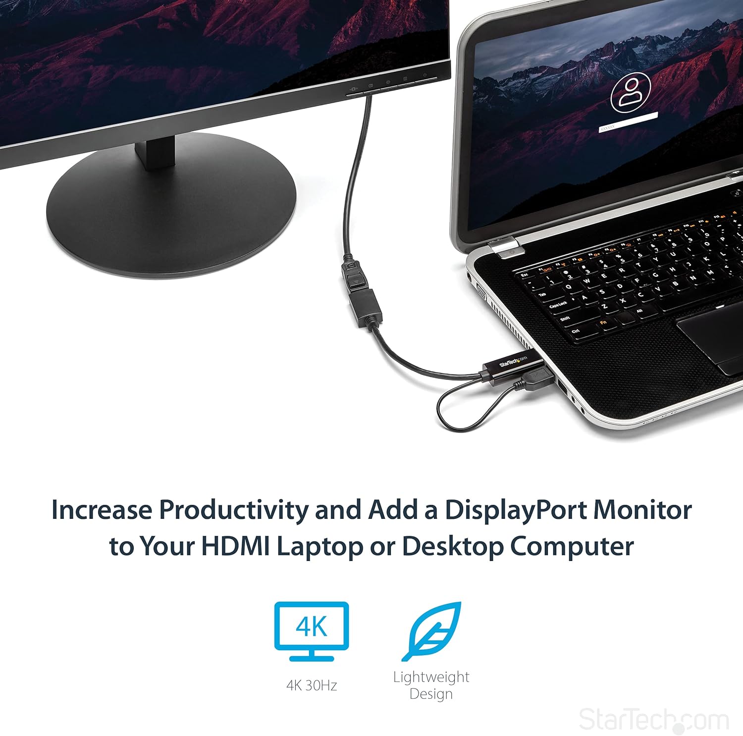 StarTech.com 4K 30Hz HDMI to DisplayPort Video Adapter w/ USB Power - 6 in - HDMI 1.4 (Male) to DP 1.2 (Female) Active Monitor Converter (HD2DP),Black