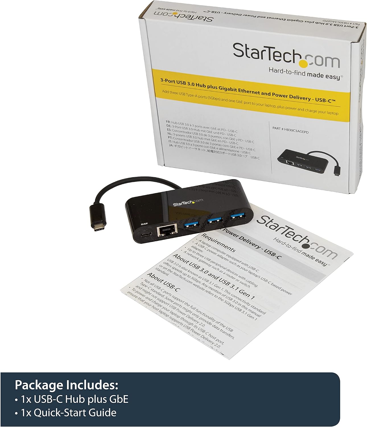 StarTech.com USB C to Ethernet Adapter – 3 Port – with Power Delivery (USB PD) – Power Pass Through Charging – USB C Adapter (US1GC303APD