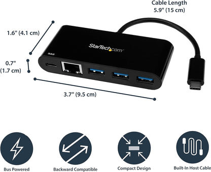 StarTech.com USB C to Ethernet Adapter – 3 Port – with Power Delivery (USB PD) – Power Pass Through Charging – USB C Adapter (US1GC303APD
