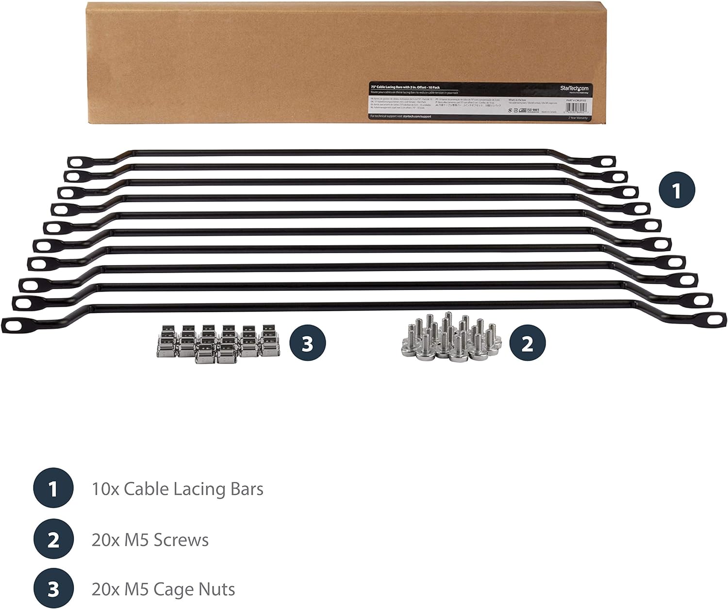 StarTech.com Horizontal Lacing Bar w/ 2 inch Offset at 75 Degrees- Server Rack Cable Management- 19" Network Rack-Mount Cord Organizer- 10pk (CMLB102