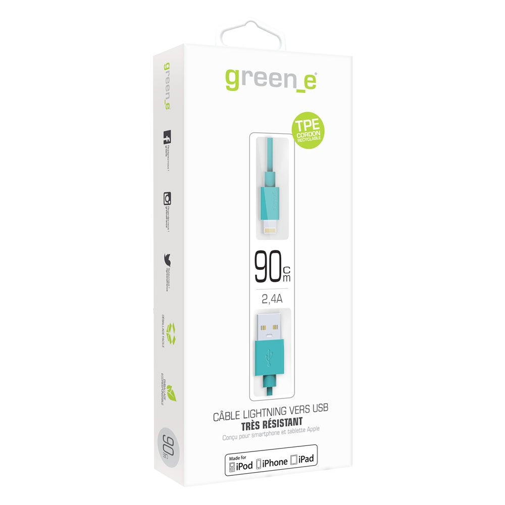 green_e  90cm Eco Friendly Heavy Duty Recyclable Lightning to USB Cable for Apple iPhone X / 8 Plus / 8/7 / 7 Plus / 6/6 Plus / 5S / C and iPad - Blue