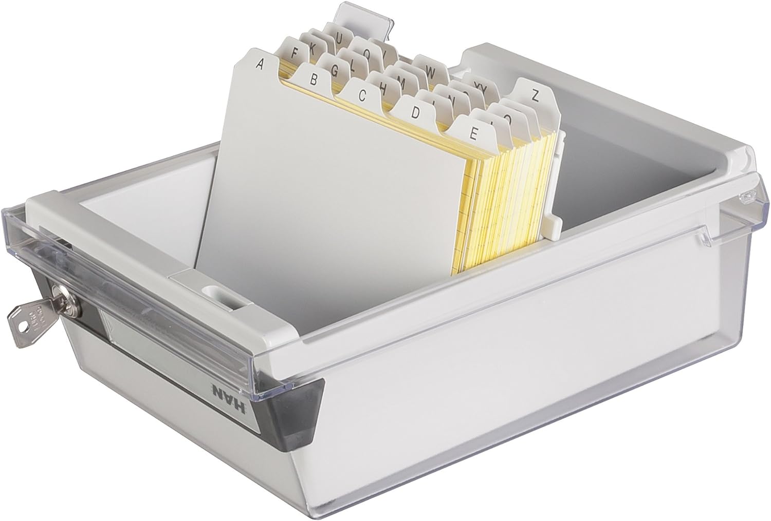 HAN 966-S-631, Card filing box Special Edition A6 landscape. Innovative, attractive design holds 800 cards with lock, readjustable lid supplied with large inscription label, light-grey-translucent