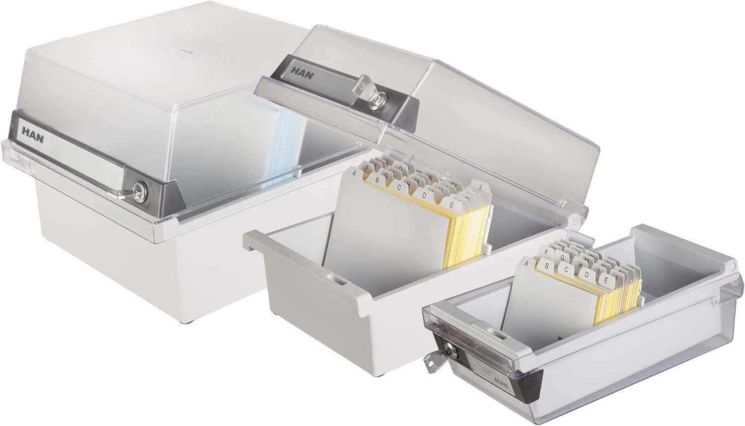 HAN 966-S-631, Card filing box Special Edition A6 landscape. Innovative, attractive design holds 800 cards with lock, readjustable lid supplied with large inscription label, light-grey-translucent