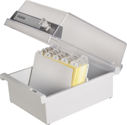 HAN 966-S-631, Card filing box Special Edition A6 landscape. Innovative, attractive design holds 800 cards with lock, readjustable lid supplied with large inscription label, light-grey-translucent