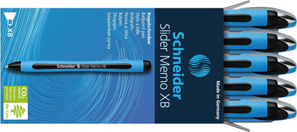 Schneider Slider Memo XB (Extra Broad) Ballpoint Pen, 1.4 mm, Light Blue Barrel, Black Ink, Box of 10 Pens (150201