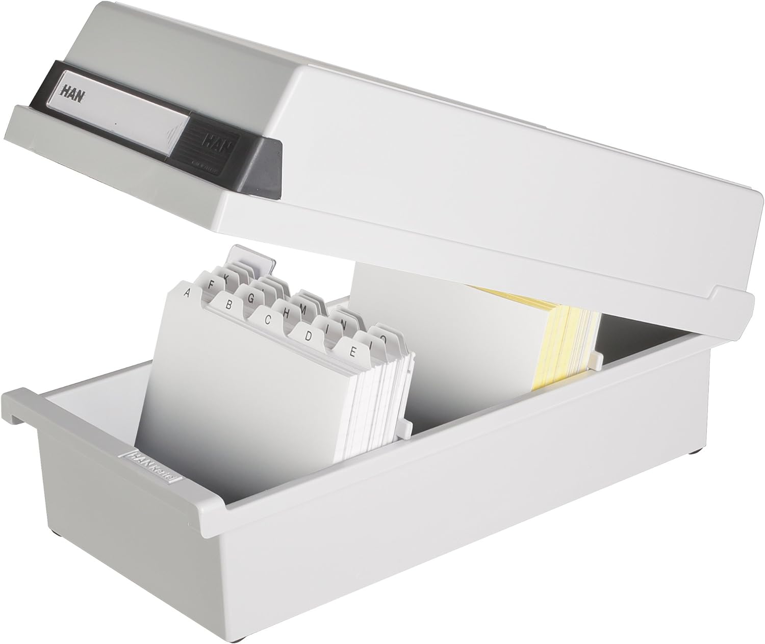 HAN Karteikasten A6 956-11 für 1.300 Karten, quer – Karteikartenbox in Lichtgrau mit großem Schriftfeld & inkl. 2 Stützplatten - simpel Ordnung halten & Register A - Z, DIN A6 quer, grau