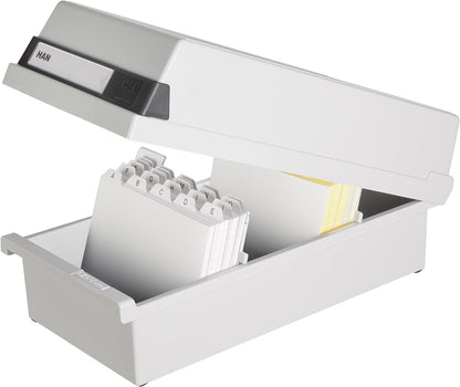 HAN Karteikasten A6 956-11 für 1.300 Karten, quer – Karteikartenbox in Lichtgrau mit großem Schriftfeld & inkl. 2 Stützplatten - simpel Ordnung halten & Register A - Z, DIN A6 quer, grau