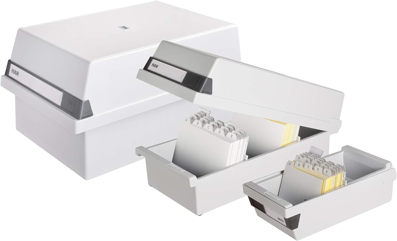 HAN Karteikasten A6 956-11 für 1.300 Karten, quer – Karteikartenbox in Lichtgrau mit großem Schriftfeld & inkl. 2 Stützplatten - simpel Ordnung halten & Register A - Z, DIN A6 quer, grau