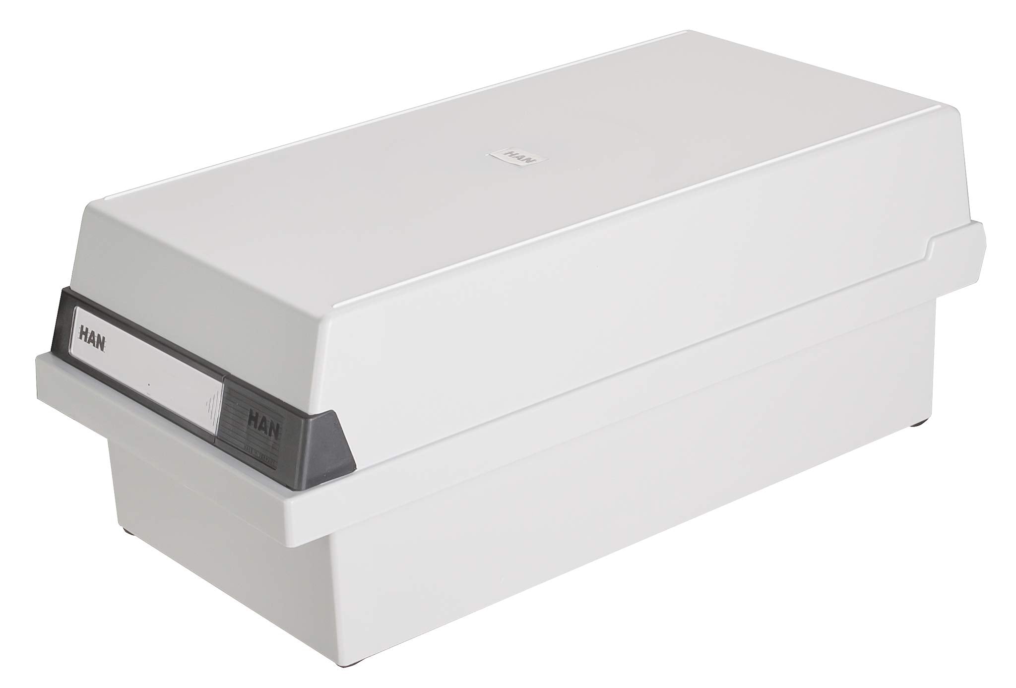 HAN Karteikasten A6 956-11 für 1.300 Karten, quer – Karteikartenbox in Lichtgrau mit großem Schriftfeld & inkl. 2 Stützplatten - simpel Ordnung halten & Register A - Z, DIN A6 quer, grau