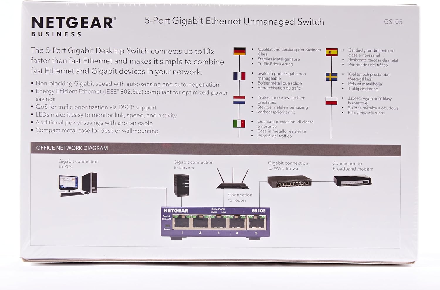 NETGEAR Switch de red Gigabit de 5 puertos GS105 - Switch Ethernet - Plug-and-Play - Funcionamiento silencioso - Montaje en sobremesa o pared