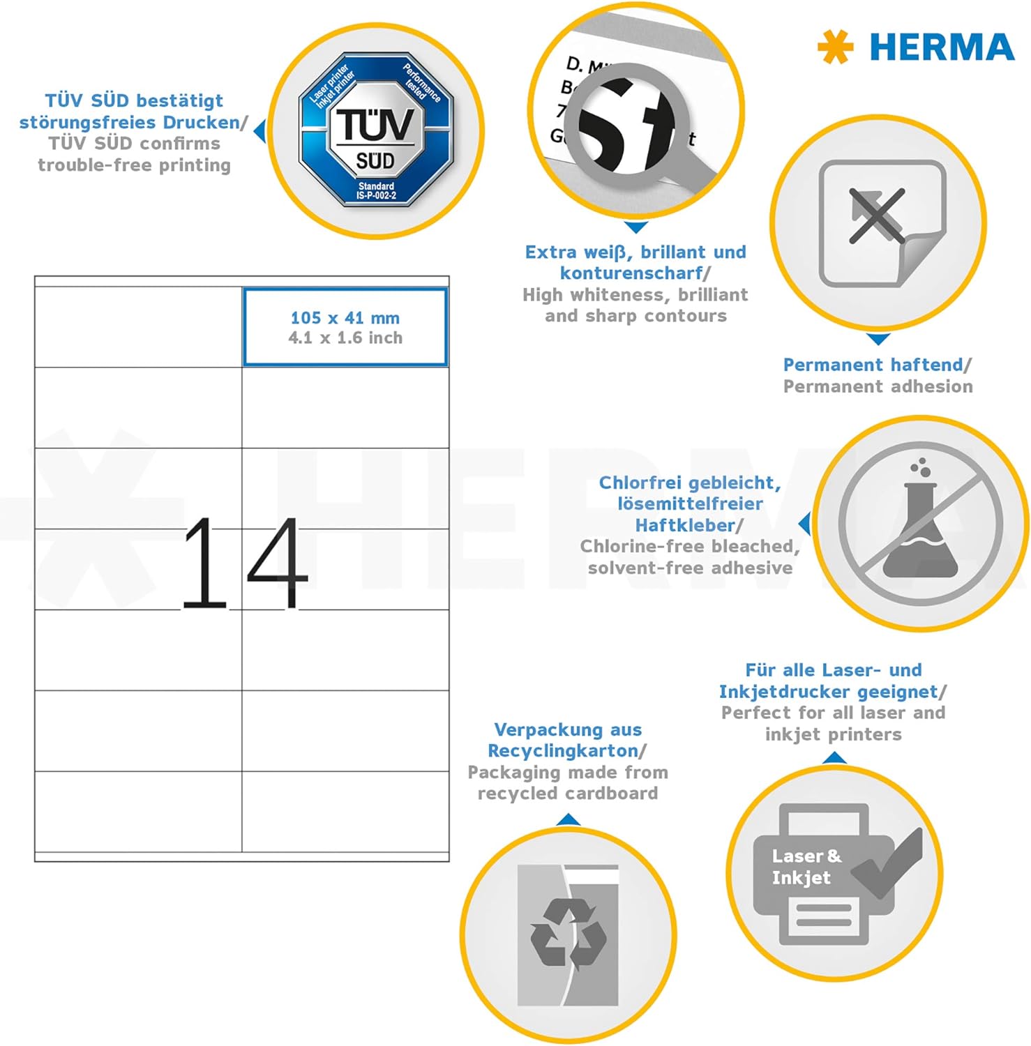HERMA Self Adhesive Multi-Purpose Labels, 14 Labels Per A4 Sheet, 1400 Labels For Laser And Inkjet Printers, 105 x 41 mm (4475