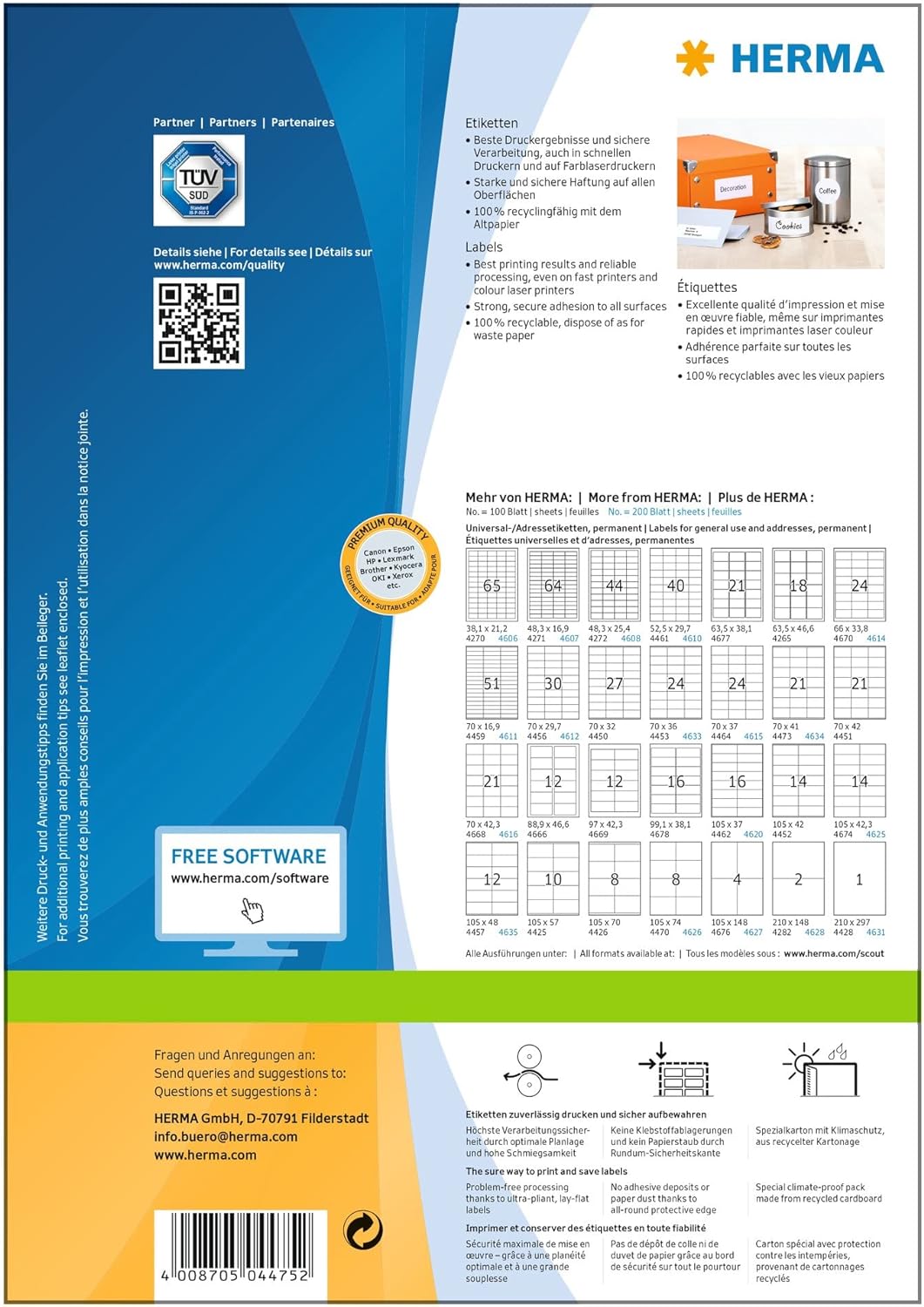 HERMA Self Adhesive Multi-Purpose Labels, 14 Labels Per A4 Sheet, 1400 Labels For Laser And Inkjet Printers, 105 x 41 mm (4475