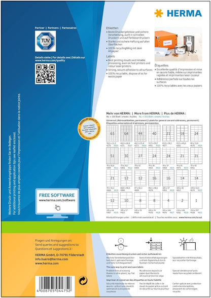 HERMA Self Adhesive Multi-Purpose Labels, 14 Labels Per A4 Sheet, 1400 Labels For Laser And Inkjet Printers, 105 x 41 mm (4475