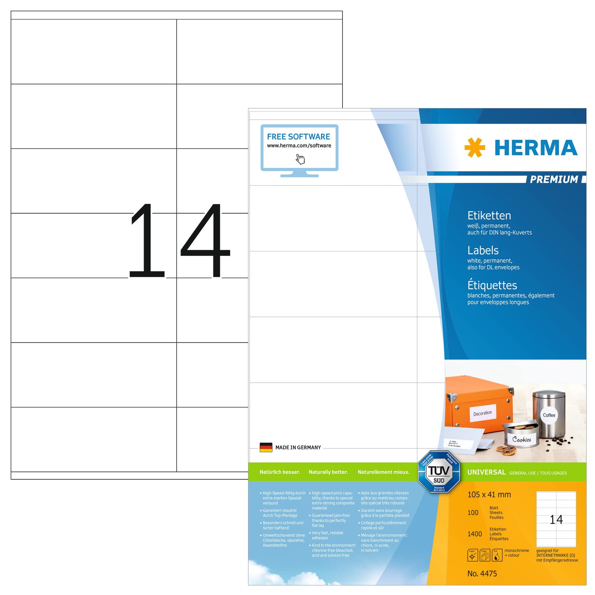 HERMA Self Adhesive Multi-Purpose Labels, 14 Labels Per A4 Sheet, 1400 Labels For Laser And Inkjet Printers, 105 x 41 mm (4475