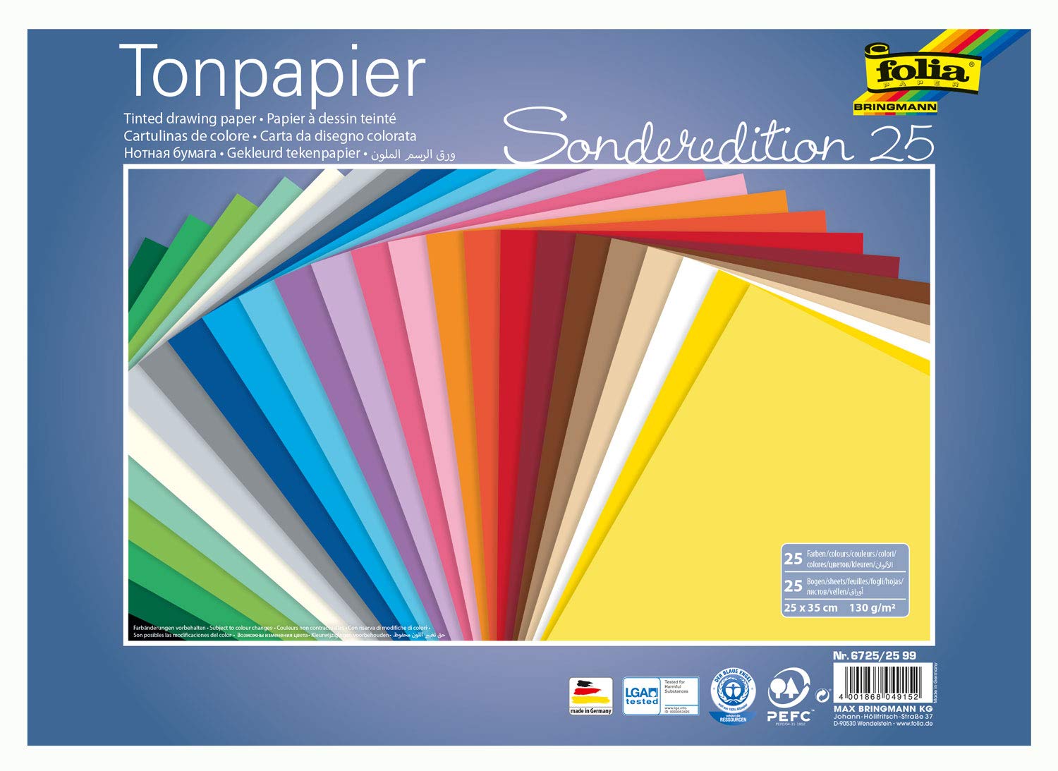 Folia Coloured Paper Mix 25 x 35 cm 130 g/m Sheets Assorted in 25 Ideal Base for Versatile Crafts, Blatt