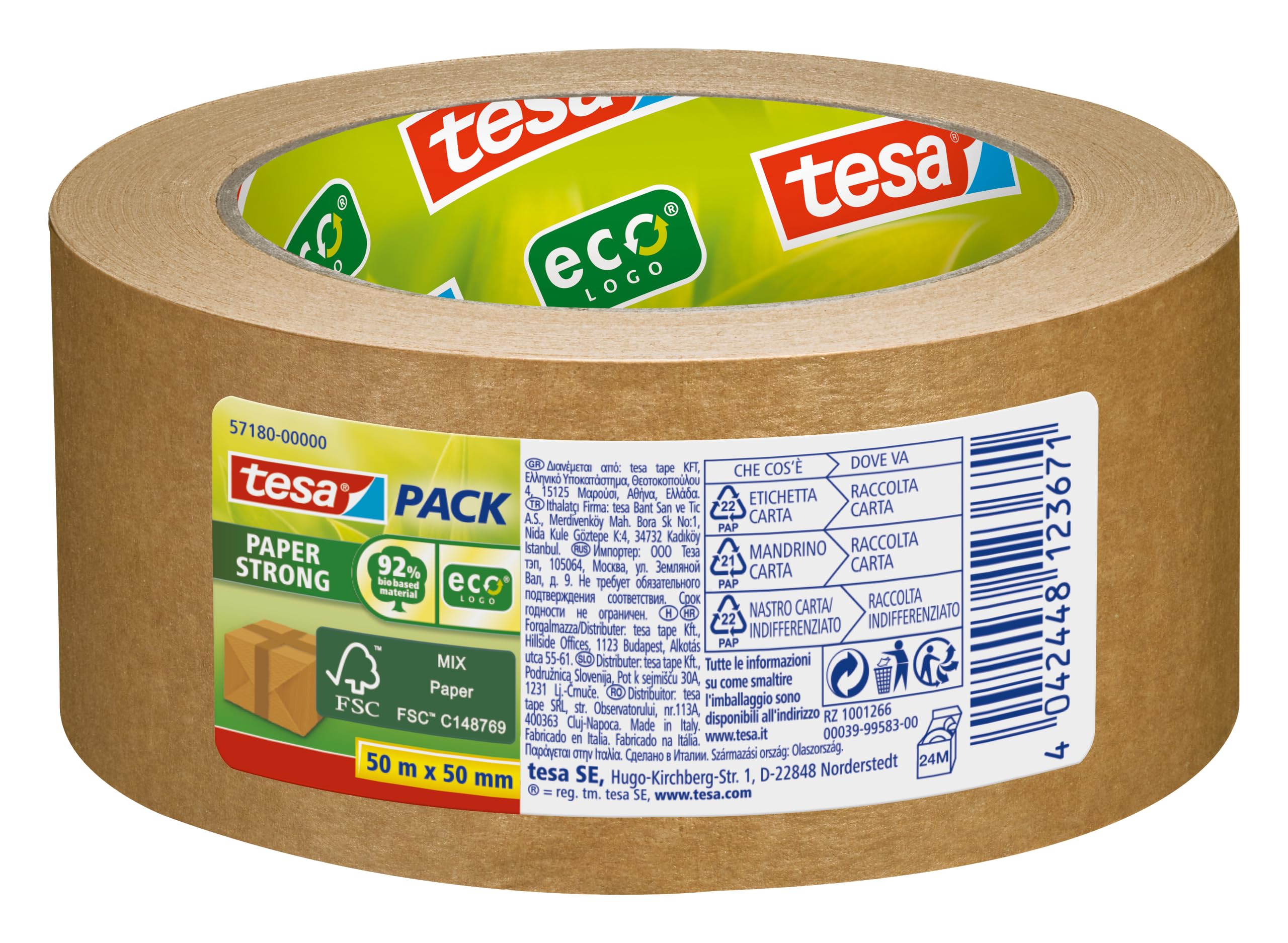 tesapack Paper ecoLogo - Environmentally Friendly Paper Packing Tape, 60 % Biobased Material - Brown - 50 m x 50 mm