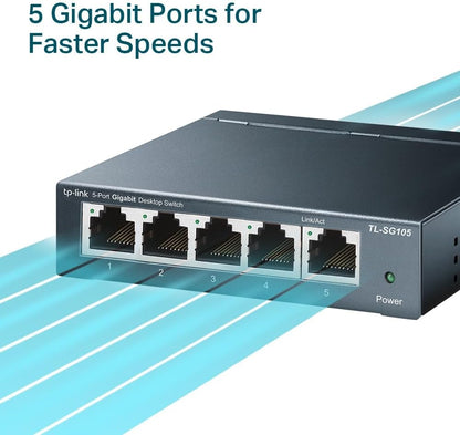 TP-Link TL-SG105 - Switch gigabit 5 Puertos 10/100/1000 Switch ethernet, Indicador del Estado, Acero Inoxidable con Super disipación de Calor, IGMP snooping, QoS