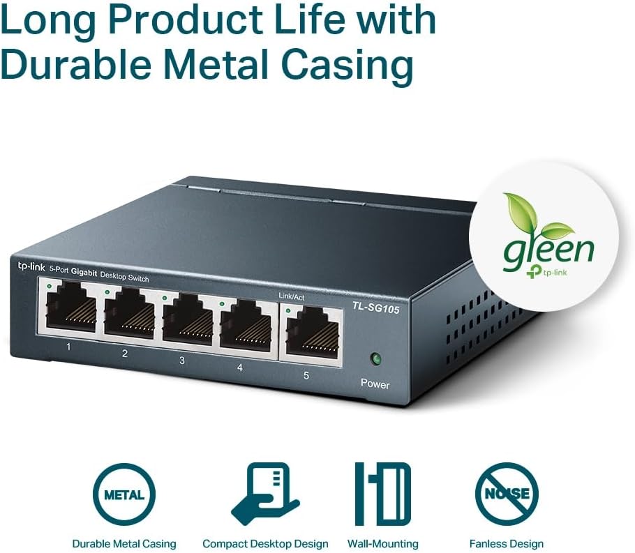 TP-Link TL-SG105 - Switch gigabit 5 Puertos 10/100/1000 Switch ethernet, Indicador del Estado, Acero Inoxidable con Super disipación de Calor, IGMP snooping, QoS