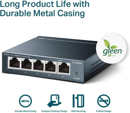TP-Link TL-SG105 - Switch gigabit 5 Puertos 10/100/1000 Switch ethernet, Indicador del Estado, Acero Inoxidable con Super disipación de Calor, IGMP snooping, QoS