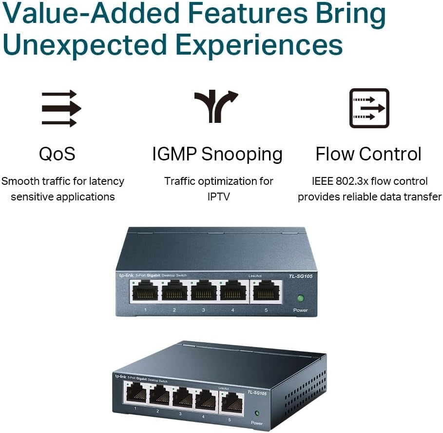TP-Link TL-SG105 - Switch gigabit 5 Puertos 10/100/1000 Switch ethernet, Indicador del Estado, Acero Inoxidable con Super disipación de Calor, IGMP snooping, QoS