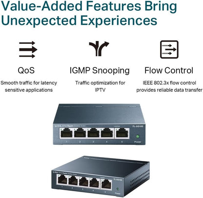 TP-Link TL-SG105 - Switch gigabit 5 Puertos 10/100/1000 Switch ethernet, Indicador del Estado, Acero Inoxidable con Super disipación de Calor, IGMP snooping, QoS
