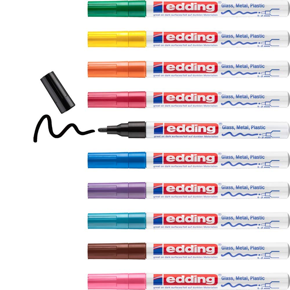 edding 751 gloss paint marker - multi-coloured - set of 10 paint markers - round nib 1-2 mm - paint pen for glass, pebbles, wood, plastic, paper - waterproof, high coverage