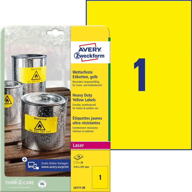 Avery Yellow Heavy Duty Laser Labels, 210 x 297 mm - Printer Labels (210 x 297 mm, Self-Adhesive Printer Label, Yellow, A4, -20-80 °C, Polyester, Laser