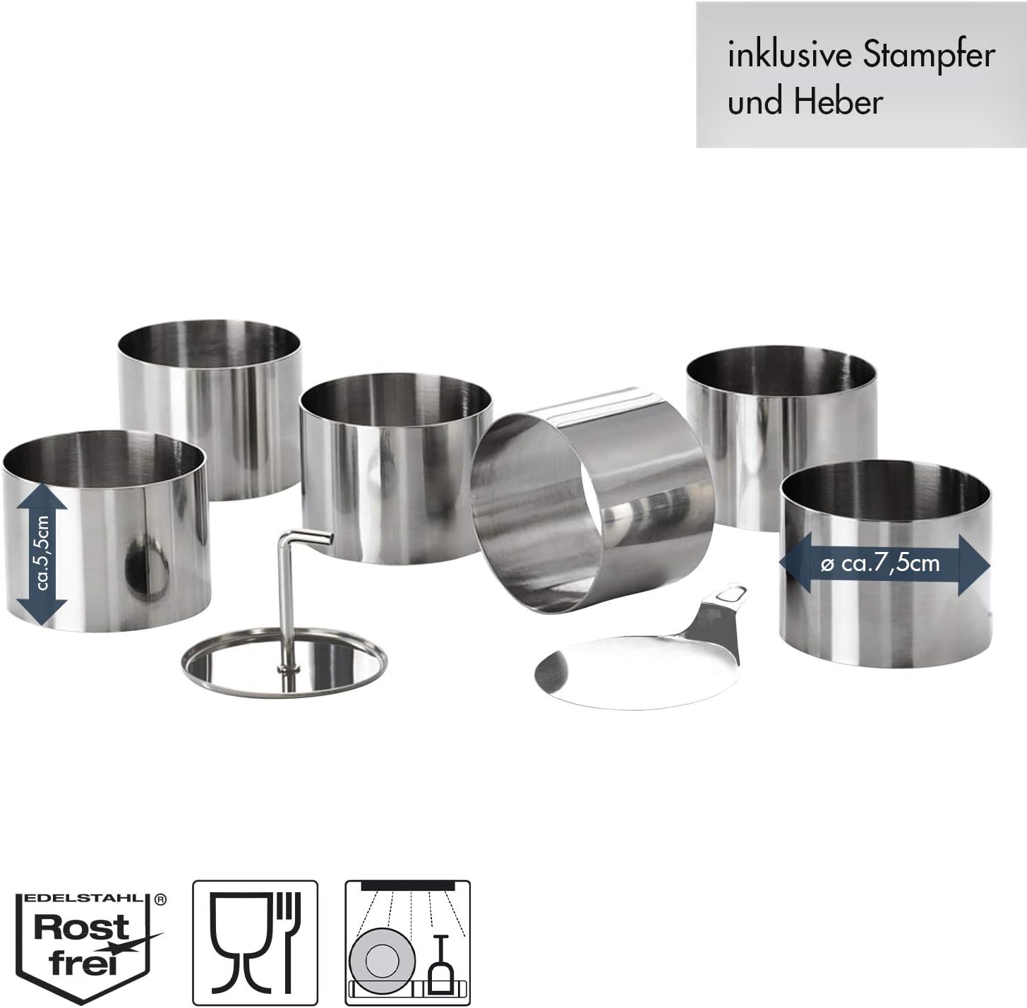 chg 3405-00 Dessert- Speiseringset, 8-tlg., hochwertiger Edelstahl-rostfrei in Profiqualität (6 Dessertringe d = 7,5 cm, Höhe: 5,5 cm 1 Stamper 1 Heber), Silber 6 Stück