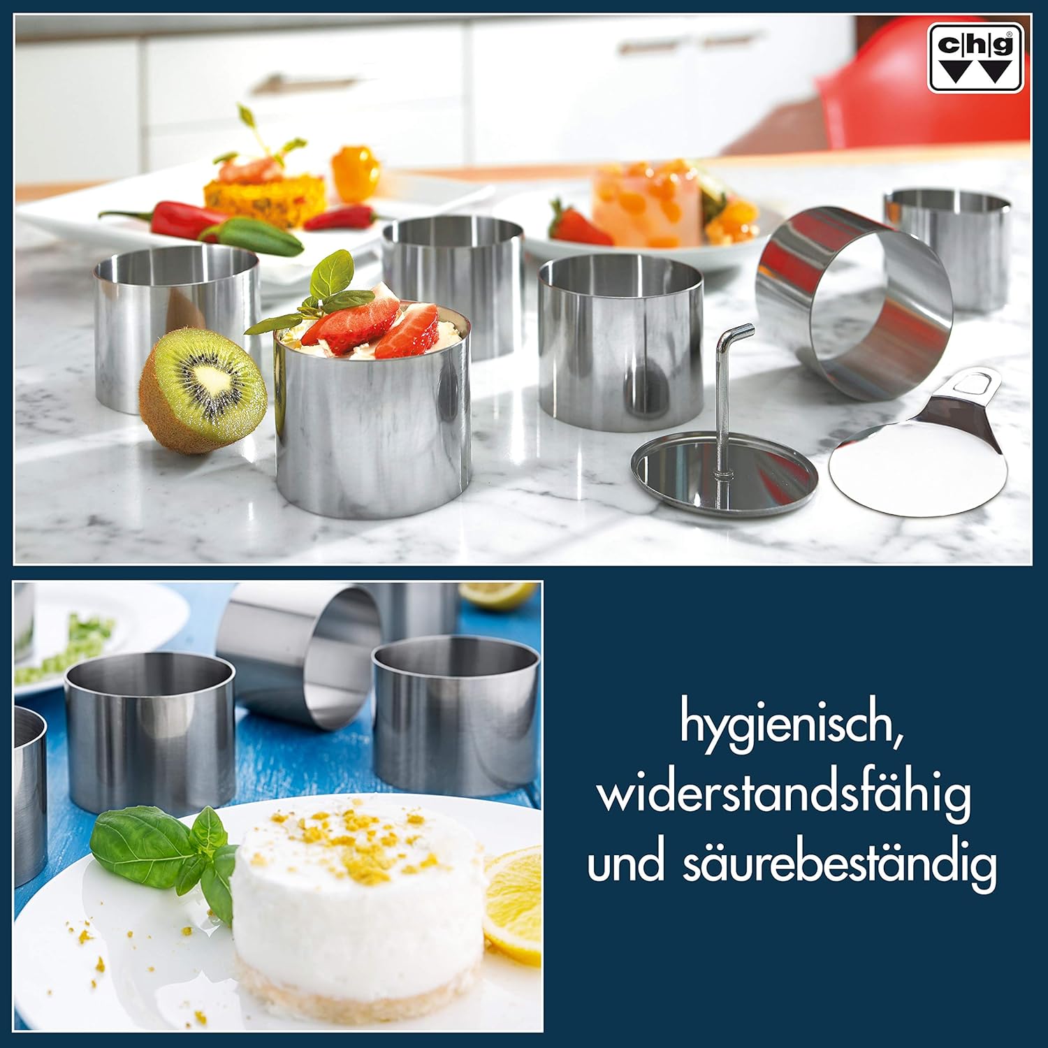 chg 3405-00 Dessert- Speiseringset, 8-tlg., hochwertiger Edelstahl-rostfrei in Profiqualität (6 Dessertringe d = 7,5 cm, Höhe: 5,5 cm 1 Stamper 1 Heber), Silber 6 Stück