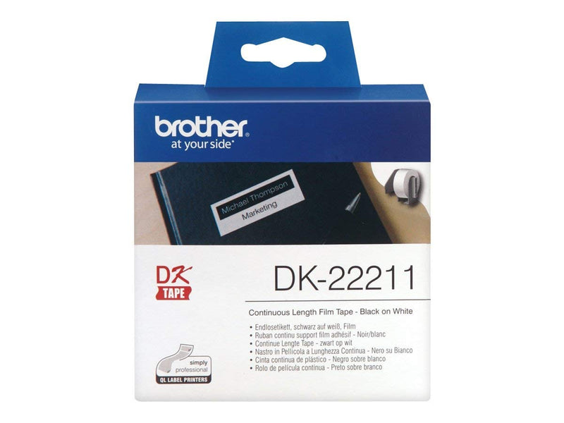 Brother DK-22211 Label Roll, Continuous Length Film, Black on White, Single Label Roll, 29mm (W) x 15.24M (L), Brother Genuine Supplies Black on White 29 mm Film