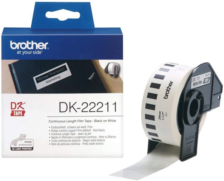 Brother DK-22211 Label Roll, Continuous Length Film, Black on White, Single Label Roll, 29mm (W) x 15.24M (L), Brother Genuine Supplies Black on White 29 mm Film
