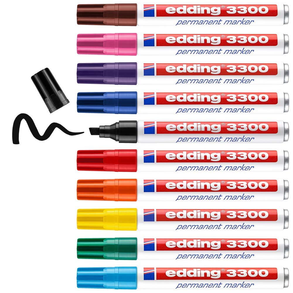 edding 3300 permanent marker - multi-coloured - set of 10 - chisel nib 1-5 mm - quick-drying permanent markers - waterproof, smudge-proof - for cardboard, plastic, wood, metal, fabric - marker pens