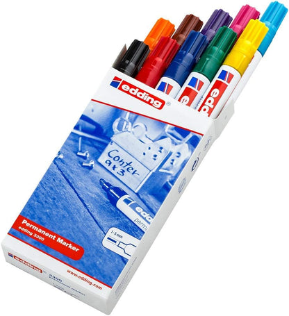 edding 3300 permanent marker - multi-coloured - set of 10 - chisel nib 1-5 mm - quick-drying permanent markers - waterproof, smudge-proof - for cardboard, plastic, wood, metal, fabric - marker pens