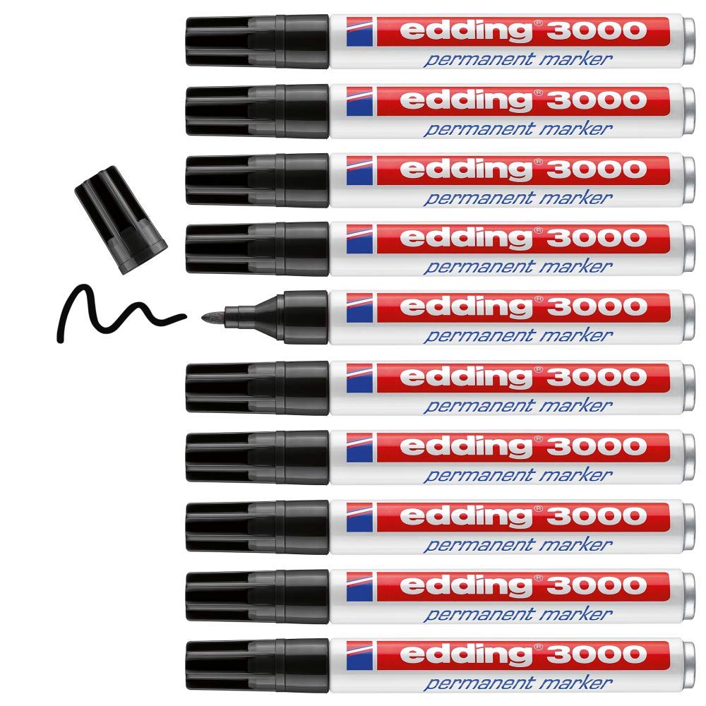 edding 3000 permanent marker - black - box of 10 - round tip 1.5-3 mm - quick-drying permanent markers - waterproof, smudge-proof - for cardboard, plastic, wood, metal, fabric - marker pens