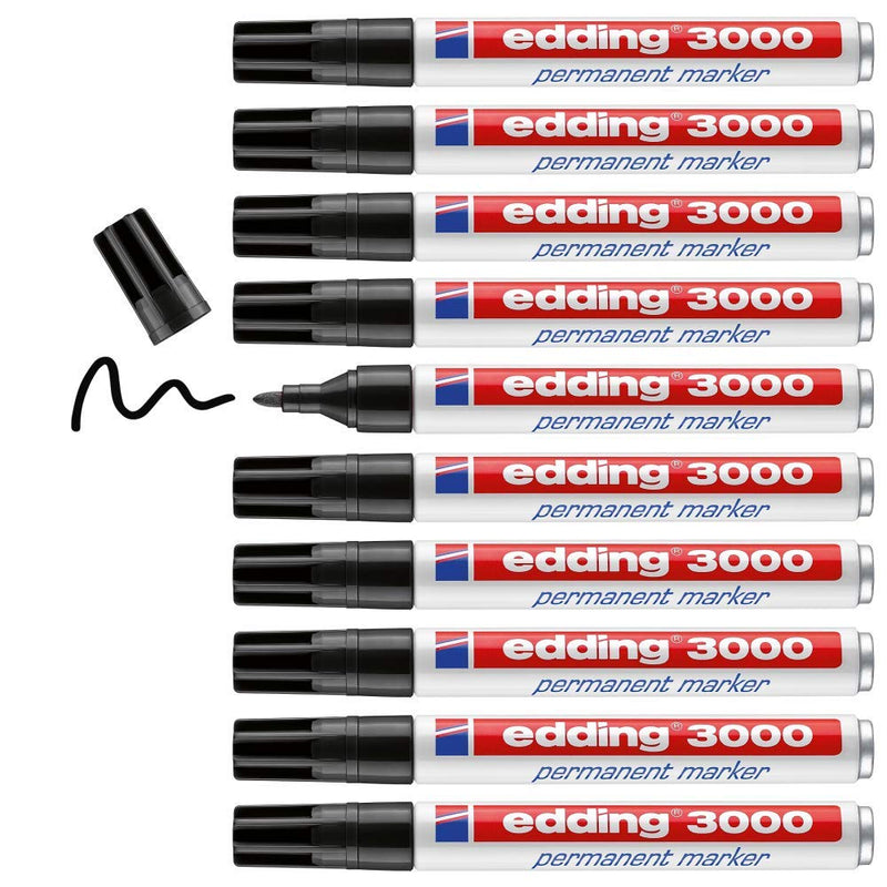 edding 3000 permanent marker - black - box of 10 - round tip 1.5-3 mm - quick-drying permanent markers - waterproof, smudge-proof - for cardboard, plastic, wood, metal, fabric - marker pens