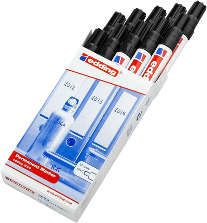 edding 3000 permanent marker - black - box of 10 - round tip 1.5-3 mm - quick-drying permanent markers - waterproof, smudge-proof - for cardboard, plastic, wood, metal, fabric - marker pens