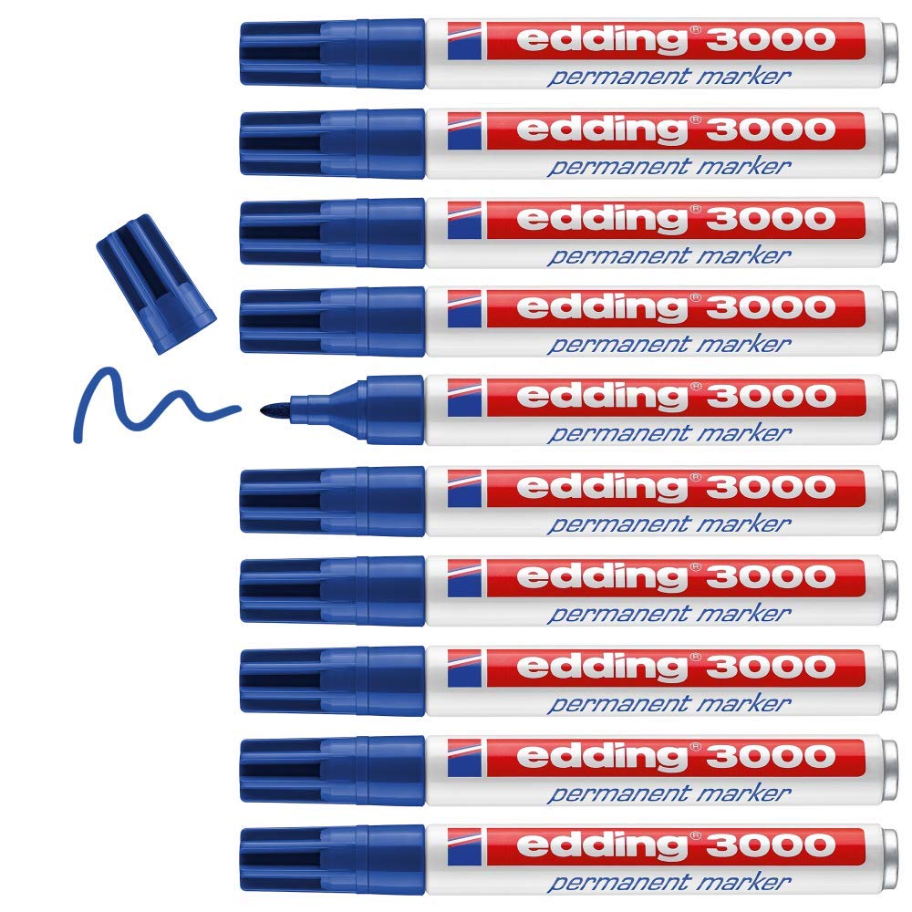 edding 3000 permanent marker - blue - box of 10 - round tip 1.5-3 mm - quick-drying permanent markers - waterproof, smudge-proof - for cardboard, plastic, wood, metal, fabric - marker pens