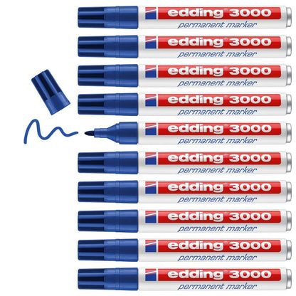 edding 3000 permanent marker - blue - box of 10 - round tip 1.5-3 mm - quick-drying permanent markers - waterproof, smudge-proof - for cardboard, plastic, wood, metal, fabric - marker pens