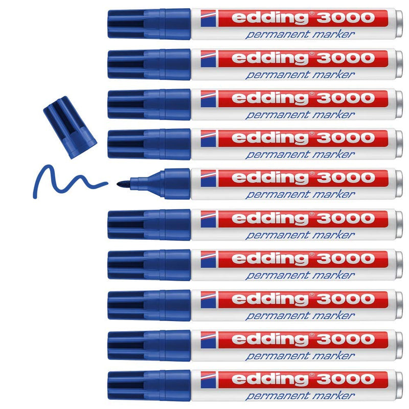 edding 3000 permanent marker - blue - box of 10 - round tip 1.5-3 mm - quick-drying permanent markers - waterproof, smudge-proof - for cardboard, plastic, wood, metal, fabric - marker pens