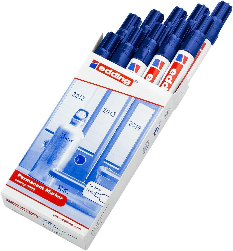 edding 3000 permanent marker - blue - box of 10 - round tip 1.5-3 mm - quick-drying permanent markers - waterproof, smudge-proof - for cardboard, plastic, wood, metal, fabric - marker pens