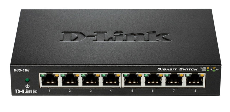 D-Link DGS-108 Conmutador Gigabit Layer2 de 8 puertos, hasta 1000 Mbps de transferencia de datos por puerto, arquitectura sin bloqueo, sin ventilador, carcasa metálica, negro