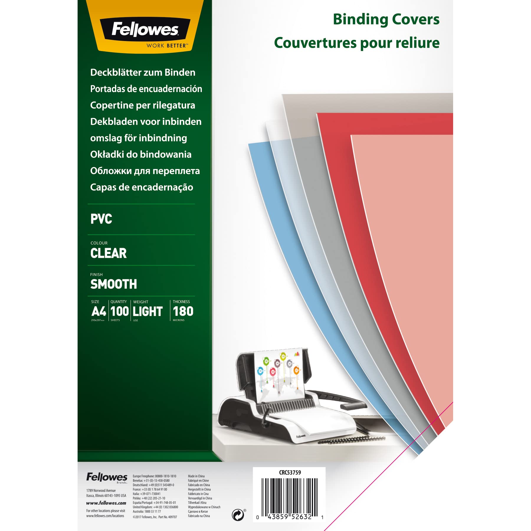 Fellowes A4 Binding Cover - 180 Microns PVC Binding Covers - Pack of 100 Binding Covers - Transparent