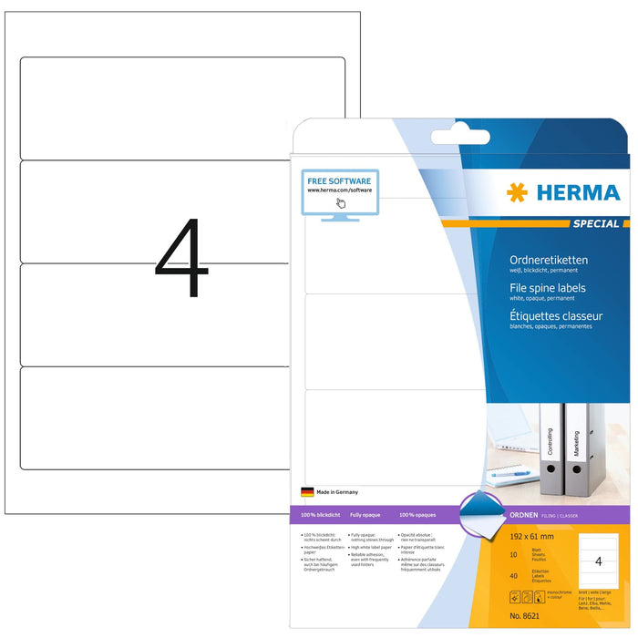 HERMA Self Adhesive Lever Arch File Labels, 4 Labels Per A4 Sheet, 40 Labels For Printers, White Opaque, 192 x 61 mm (8621