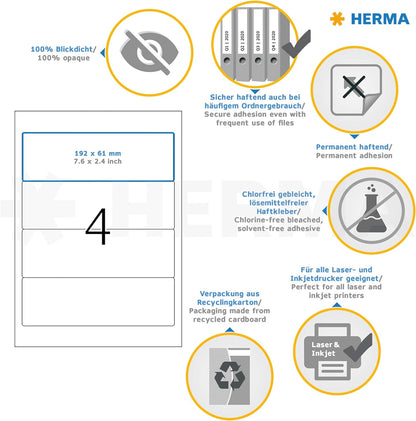 HERMA Self Adhesive Lever Arch File Labels, 4 Labels Per A4 Sheet, 40 Labels For Printers, White Opaque, 192 x 61 mm (8621