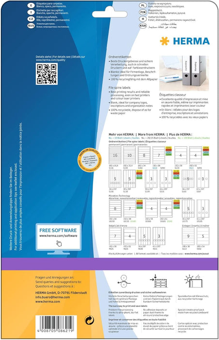 HERMA Self Adhesive Lever Arch File Labels, 4 Labels Per A4 Sheet, 40 Labels For Printers, White Opaque, 192 x 61 mm (8621