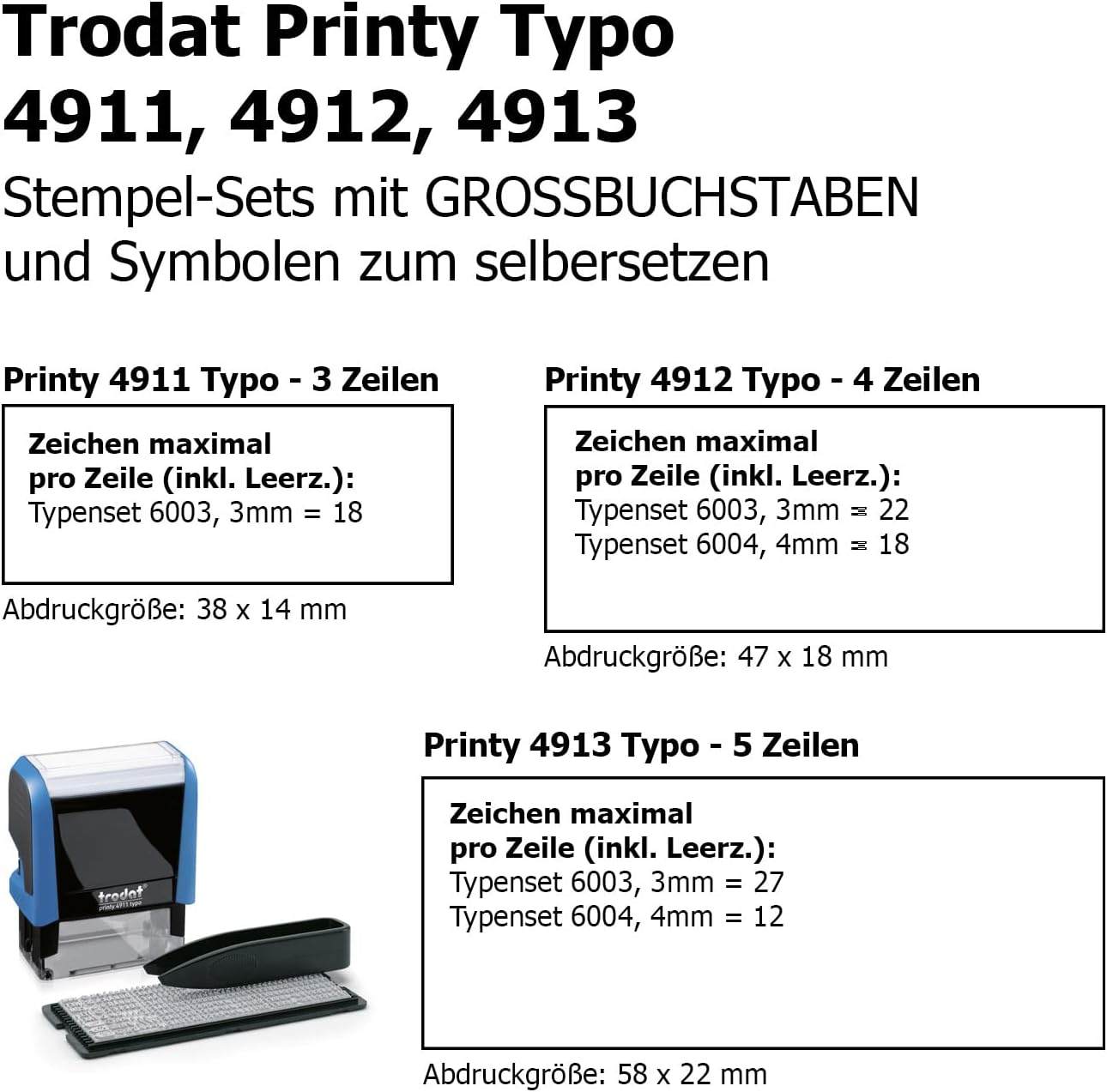 Trodat Printy 4913 Typomatic Selbersetzen for Maximum 5 Lines of Text, Sky Blue