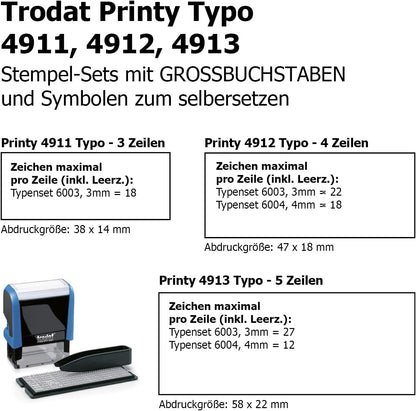 Trodat Printy 4913 Typomatic Selbersetzen for Maximum 5 Lines of Text, Sky Blue