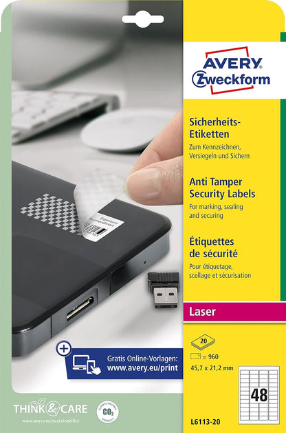 Avery Zweckform L6113-20 Anti-Tamper Security Labels 20 Sheets / 960 Labels / 45.7 x 21.2 mm White