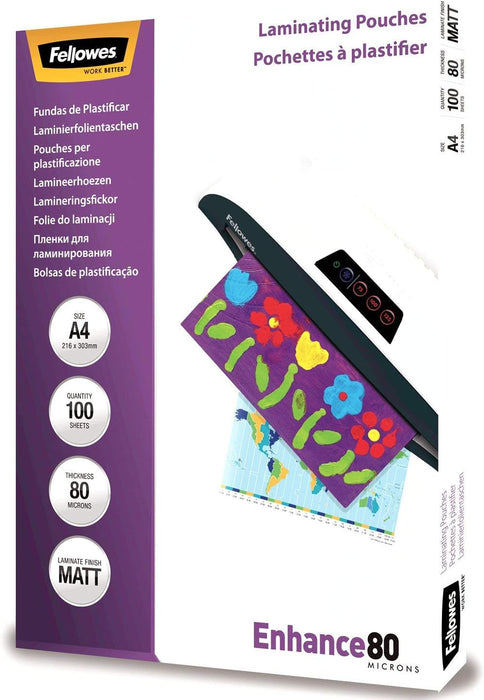 Fellowes A4 Laminating Pouches, Matt Finish, 100 Sheets, 160 Micron (2 x 80 Micron) High Quality Finish - Ideal for Photos and Notices