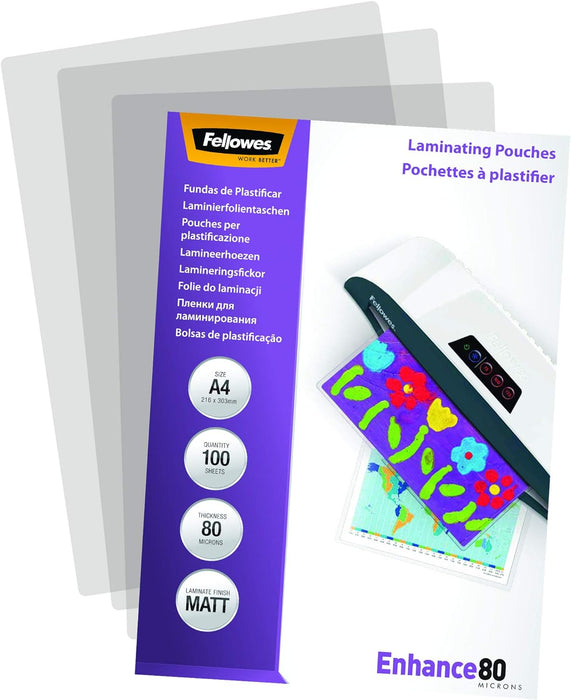 Fellowes A4 Laminating Pouches, Matt Finish, 100 Sheets, 160 Micron (2 x 80 Micron) High Quality Finish - Ideal for Photos and Notices